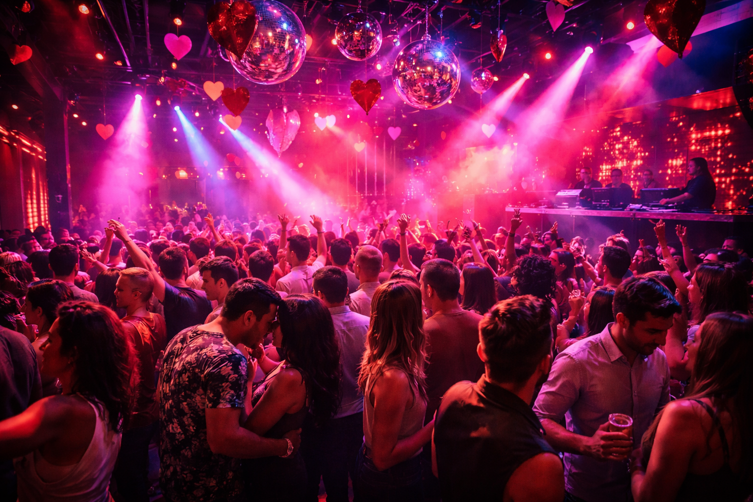Valentine’s Day Latin dance party at Beaux SF in San Francisco with colorful nightclub lighting and energetic crowd celebrating