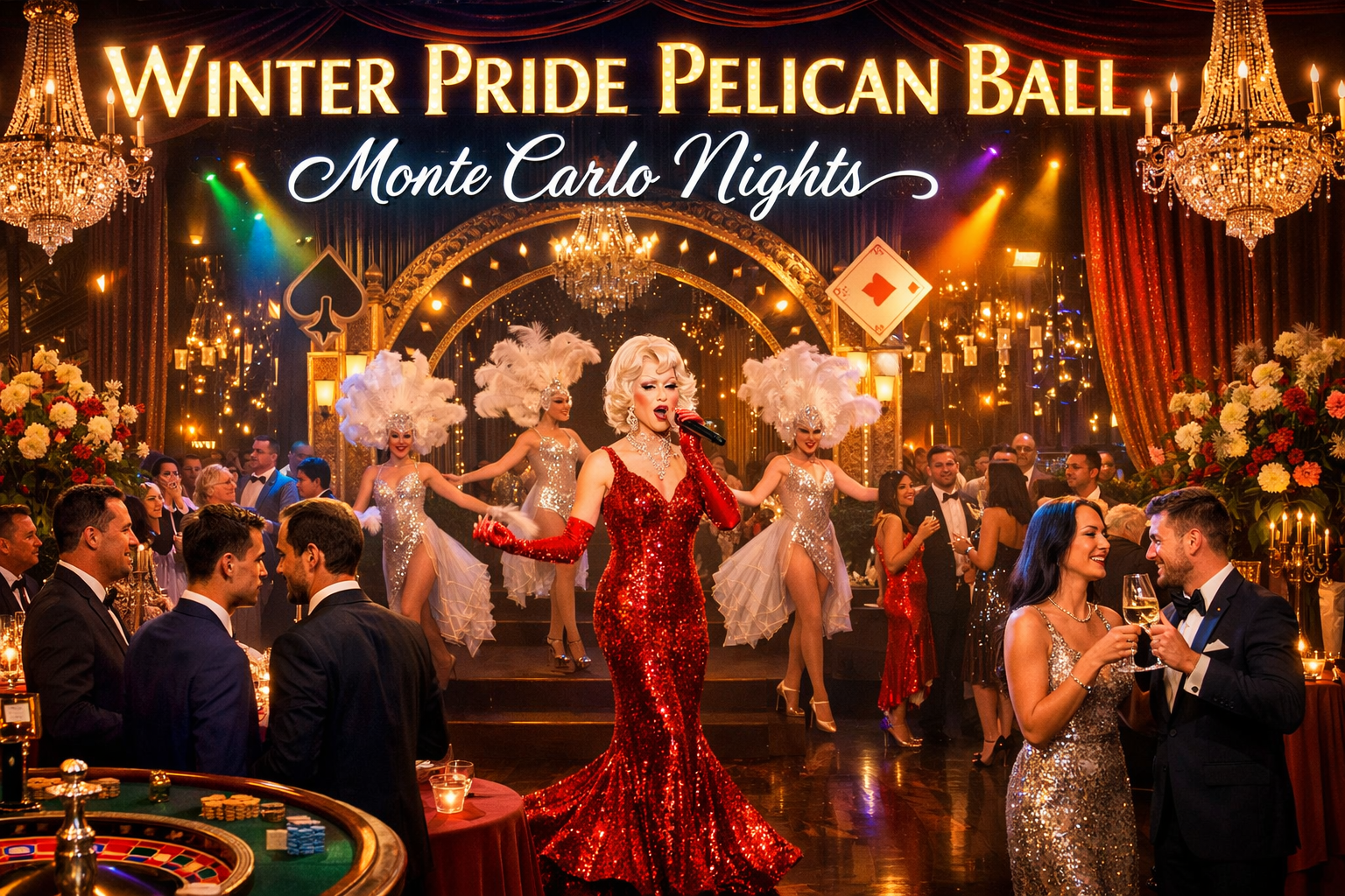 Winter Pride Pelican Ball in St Petersburg Florida featuring elegant LGBTQ+ gala atmosphere with glamorous lighting, live entertainment, stylish guests, and upscale Monte Carlo inspired celebration during Winter Pride festival.